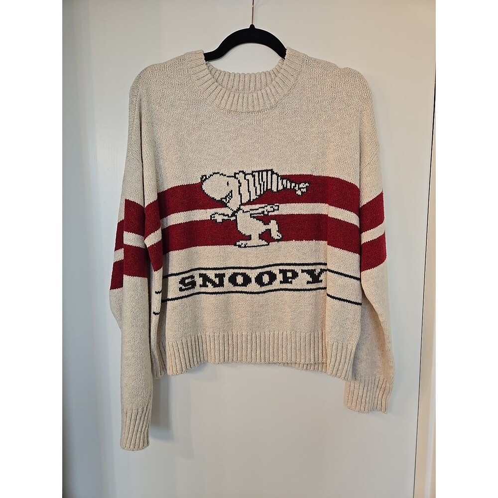 2021 American Eagle Peanuts Collaborative Snoopy Cropped Sweater Beige Red Sz M